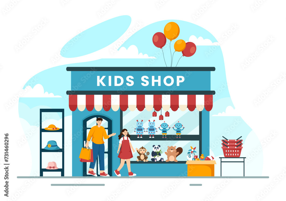 Naklejka premium Kids Shop Vector Illustration with Boys and Girls Children Equipment such as Clothes or Toys for Shopping Concept in Flat Cartoon Background