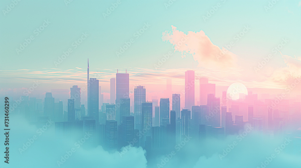 雲に浮かぶ幻想的な都市と夕焼け