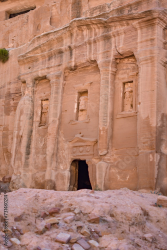 Entrance to a tomb carved into the rock in the Hegra archaeological park of the city of Petra, Wadi Musa, Jordan.