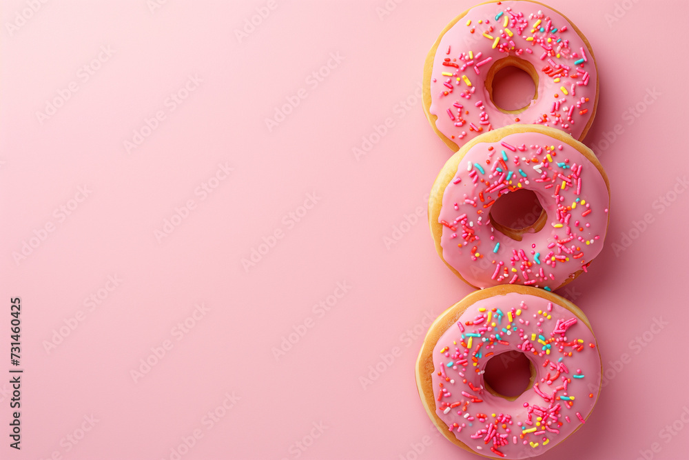 top view of pink frosted donuts arranged neatly on a bold pastel pink minimalist background. Strawberry Donut stock photo top view of pink frosted donuts arranged neatly on a bold pastel pink minimalist background. Strawberry Donut stock photo