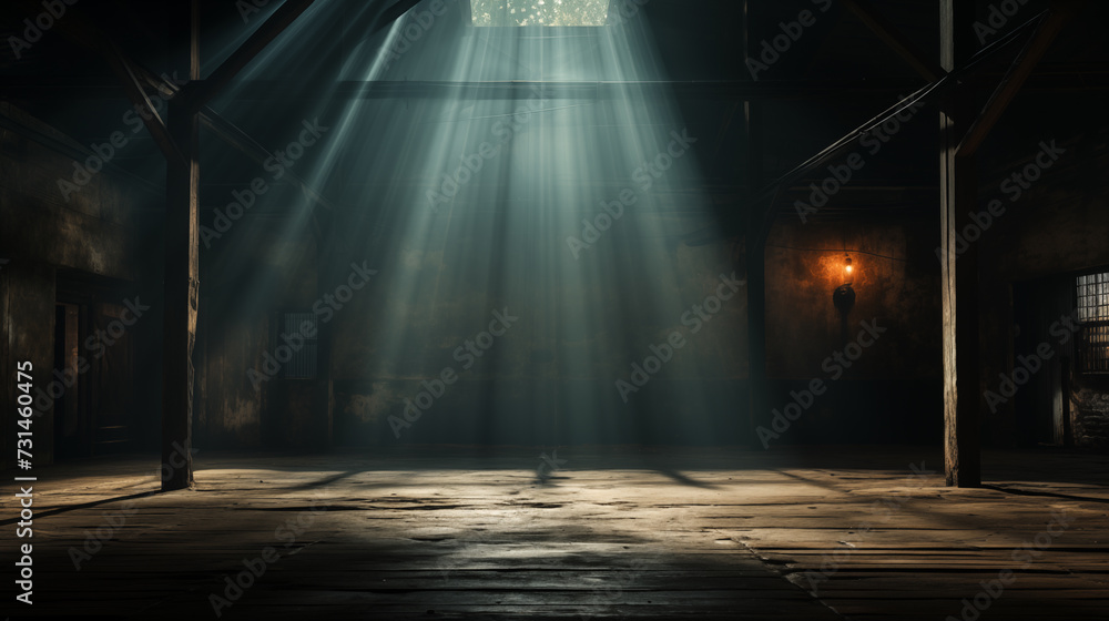 Grungy Dark Hall with Light Rays coming from top window. Empty Concrete Interior with  Wooden Floor and Grunge wall. Nobody. 