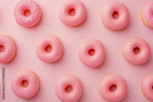 top view of pink frosted donuts arranged neatly on a bold pastel pink minimalist background. Strawberry Donut stock photo 