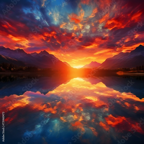 A breathtaking sunset over a serene mountain lake  with vibrant colors reflecting off the water