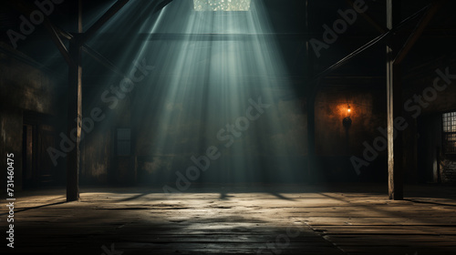 Grungy Dark Hall with Light Rays coming from top window. Empty Concrete Interior with  Wooden Floor and Grunge wall. Nobody. 