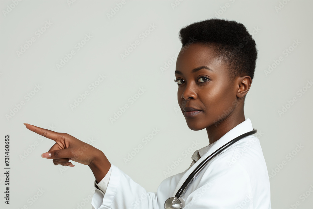 waist up portrait beautiful black woman doctor, perfect skin, points her finger to the side to copy space, studio shot waist up portrait beautiful black woman doctor, perfect skin, points her finger to the side to copy space, studio shot