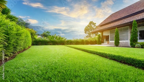 house in the garden wallpaper Beautiful house backyard with fresh green grass smooth lawn as a carpet, view of an attractive backyard under cloudy sky and morning sunlight