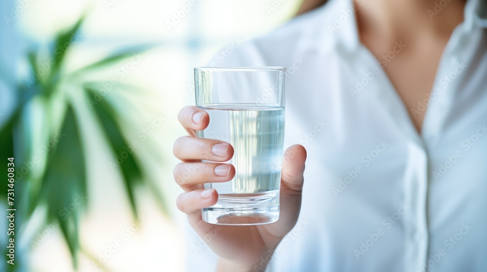 A Health concept. Horizontal banner image, on foreground caucasian female hand holds glass of clear water give to camera smiling selective close up focus. A Health concept. Horizontal banner image, on foreground caucasian female hand holds glass of clear water give to camera smiling selective close up focus.