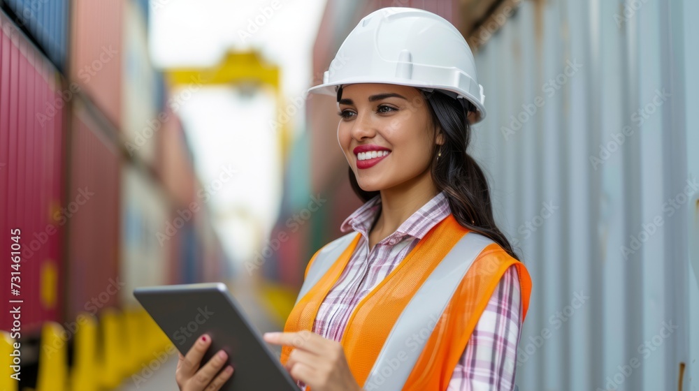 Young female industrial engineer with a helmet working on a tablet. Checks for control loading in container terminal, An inspector or supervisor, Logistics import export shipping Young female industrial engineer with a helmet working on a tablet. Checks for control loading in container terminal, An inspector or supervisor, Logistics import export shipping