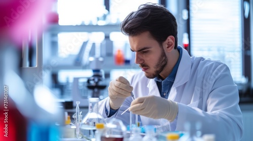 Young male scientist using a micropipette in a medical research lab. The analysis of biochemical samples. Advanced scientific lab for medicine  microbiology and biotechnology development