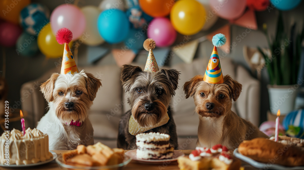 fancy dressed up dogs having a birthday party with cake, balloons ...