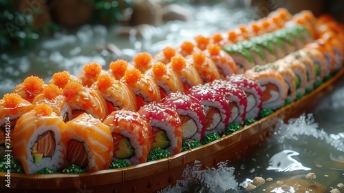 Sushi Roll Showcase on Boat-Shaped Wooden Tray