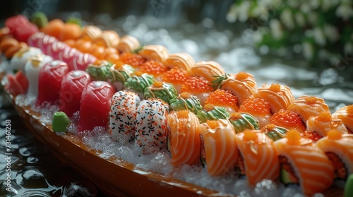 Sushi Roll Showcase on Boat-Shaped Wooden Tray