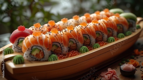 Sushi Roll Showcase on Boat-Shaped Wooden Tray