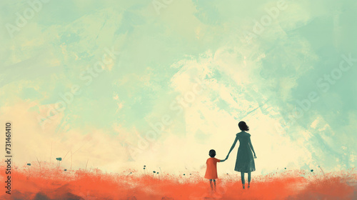an illustration showing love and grief with mother and child. grief of a child or Mother illustration concept with Mother and child holding hands crossing over. photo