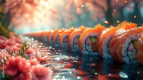 Sushi Roll Art: Cherry Blossoms and Tranquil Waters