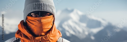A Close-up of mountain range reflected in ski mask, orange ski mask, beautiful scenery, perfection.