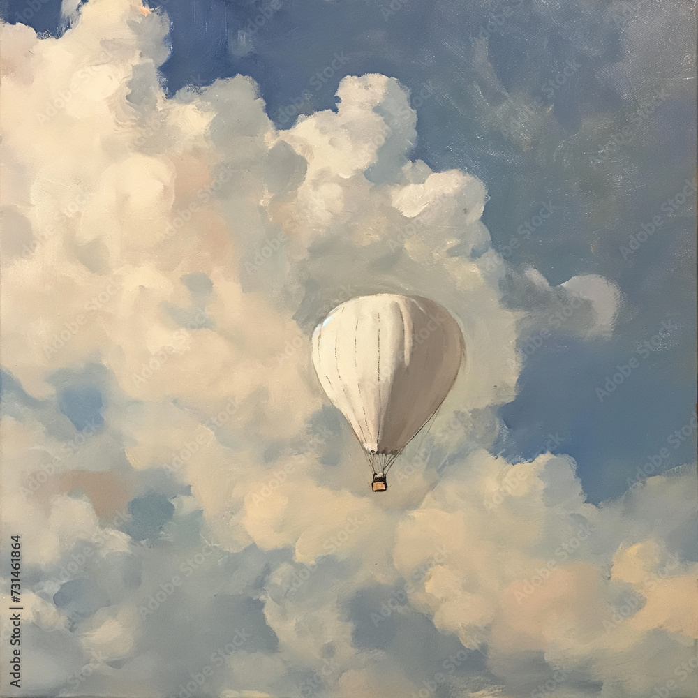 Fototapeta premium a painting of a hot air ballon in puffy clouds muted whites, blues, tans. social media post, art, illustration.