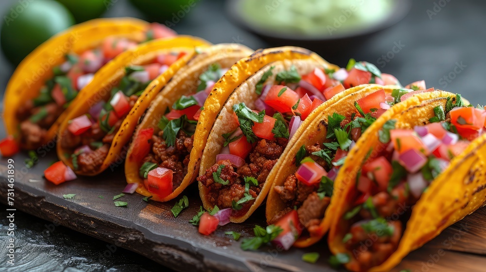 Fototapeta premium Tacos on wooden tray ready to serve.