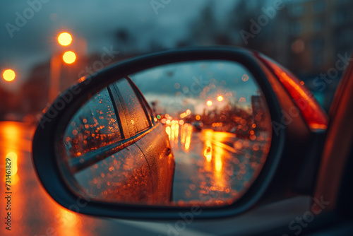 City sunset, night drive with car reflecting the skyline on the rearview mirror, generative ai illustration.