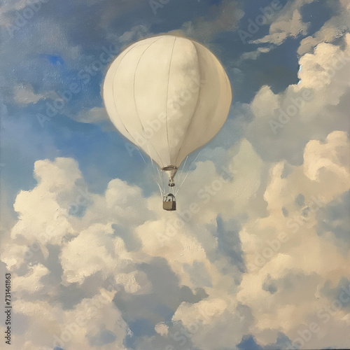 a painting of a hot air ballon in puffy clouds muted whites, blues, tans. social media post, art, illustration.