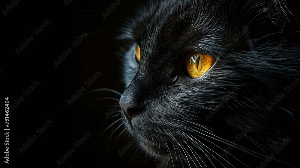 Intense gaze of a black cat with striking yellow eyes, capturing the essence of mystery, AI Generative. Intense gaze of a black cat with striking yellow eyes, capturing the essence of mystery, AI Generative.