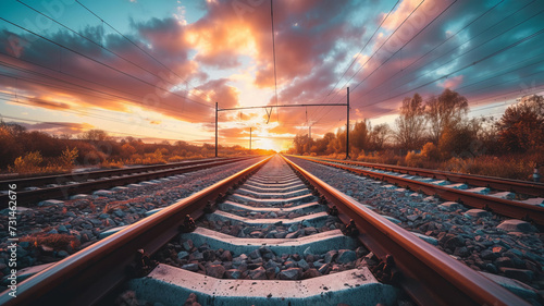 Railroad tracks stretching into a sunset horizon, symbolizing journey - AI Generative. photo