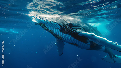 Majestic whale swimming in the deep blue sea  a moment frozen by AI Generative photography.