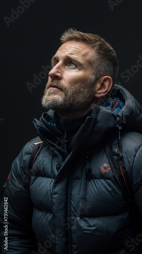 A mature, bearded male climber with weathered features and short hair. A look of intense focus, as if surveying a challenging peak. Posing side profile, looking upwards with a minimal blank background