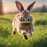 Easter bunny runs through a green meadow. Adorable rabbit on a meadow warming lighting. Cute rabbit in the grass field on a spring day 