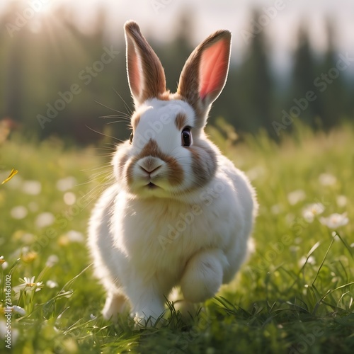 Easter bunny runs through a green meadow. Adorable rabbit on a meadow warming lighting. Cute rabbit in the grass field on a spring day 