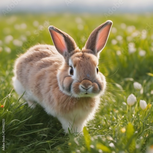 Easter bunny runs through a green meadow. Adorable rabbit on a meadow warming lighting. Cute rabbit in the grass field on a spring day  © QasimAli