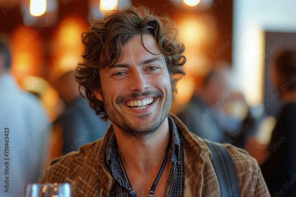 Businessman Enjoys Laughter and Libations, Engaging in Startup Ideas and Innovations at Convention Center Business Conference Businessman Enjoys Laughter and Libations, Engaging in Startup Ideas and Innovations at Convention Center Business Conference
