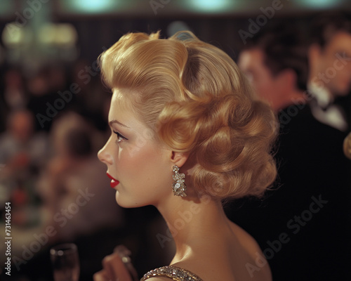 1950s vintage film 35mm photo of a blonde woman at a old glamourous party, film, elegance.