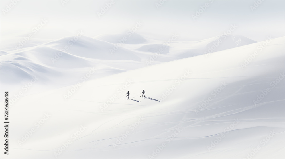 Skiers on big white slope acrylic painting