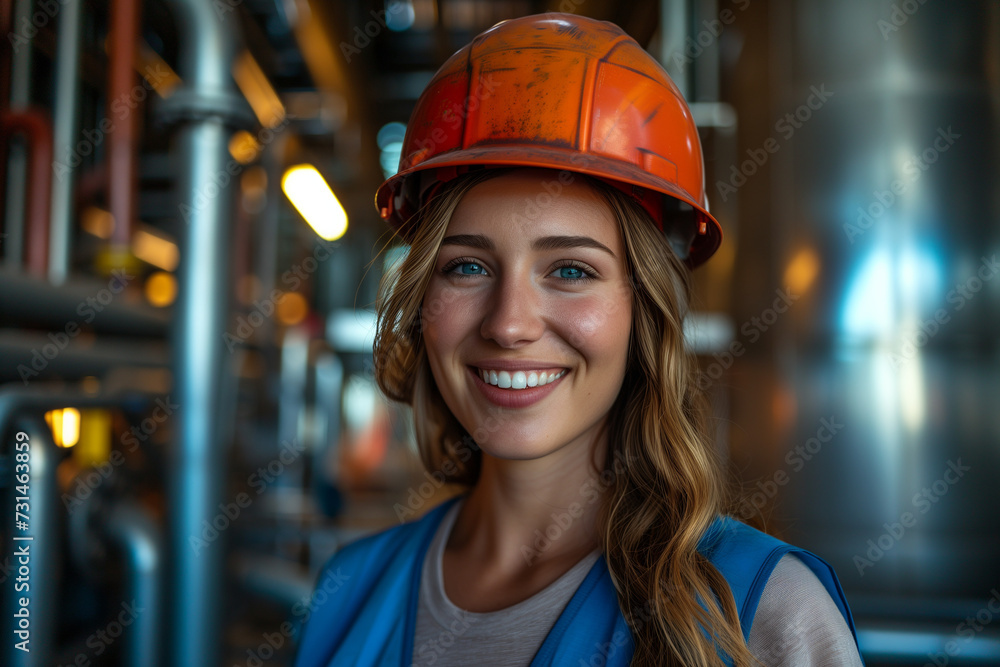 The portrait captures the joy of a female engineer at an oil refinery, donned in a construction helmet and blue vest, deeply engaged in inspecting the industrial operations of the refinery The portrait captures the joy of a female engineer at an oil refinery, donned in a construction helmet and blue vest, deeply engaged in inspecting the industrial operations of the refinery