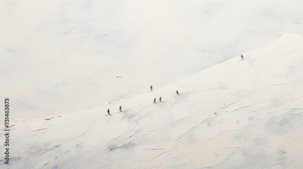 minimalist white snow on side of mountain, textured plaster abstract painting with tiny ski people scattered about 