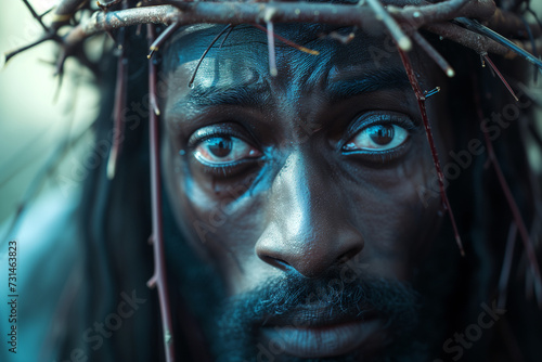 The portrait depicts black Jesus Christ, with a solemn expression, wearing a crown of thorns on his head. It's a photorealistic close-up, capturing the depth of emotion in his eyes 