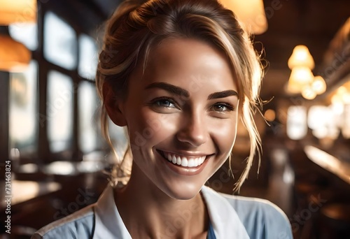photo realistic digital illustration of a Happy smiling beautiful young waitress