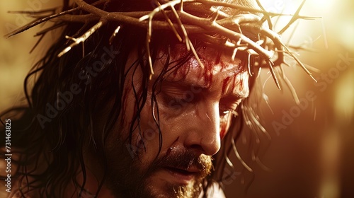 Behold the Divine Majesty! Jesus Christ with a Crown of Thorns, Radiating Hope and Salvation. Experience the Sacred Power in Every Brushstroke. photo