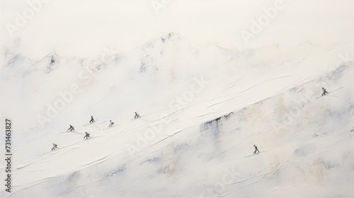 minimalist white snow on side of mountain, textured plaster abstract painting with tiny ski people scattered about