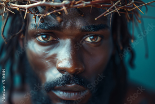 The portrait depicts black Jesus Christ, with a solemn expression, wearing a crown of thorns on his head. It's a photorealistic close-up, capturing the depth of emotion in his eyes 