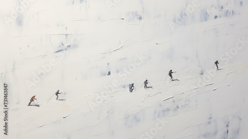 minimalist white snow on side of mountain, textured plaster abstract painting with tiny ski people scattered about