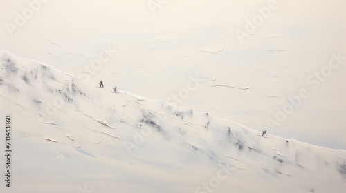 minimalist white snow on side of mountain, textured plaster abstract painting with tiny ski people scattered about