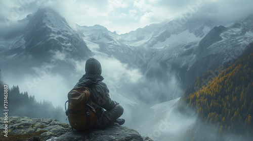 A contemplative traveler gazing out over a misty mountaintop.