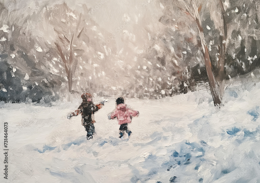 Impressionist Acrylic Painting of kids playing in the snow wearing colorful playful clothes. Children running, throwing snow, holding hands, and having fun in the snow 