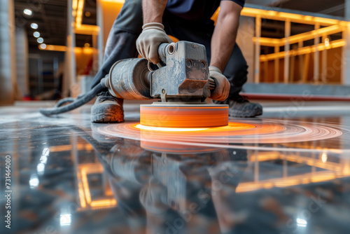 A worker using a high-speed polishing machine to polish a hard floor surface.