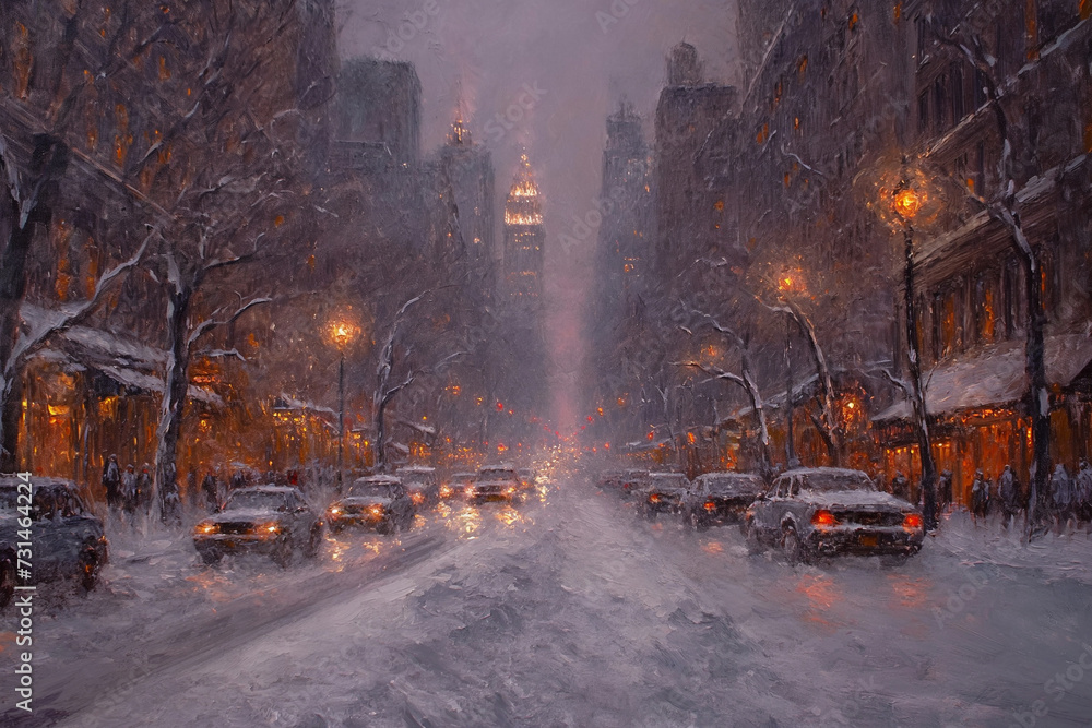 painting of a cold winter city scene, street in grey color scheme, warm lighting