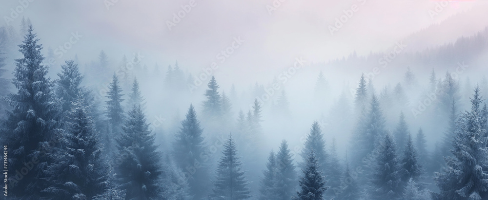 a painting of a winter landscape with snowy fir trees background - obrazy, fototapety, plakaty 