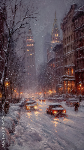 painting of a cold winter city scene, street in grey color scheme, warm lighting © Michael
