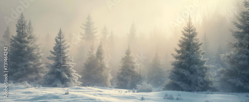 a painting of a winter landscape with snowy fir trees background